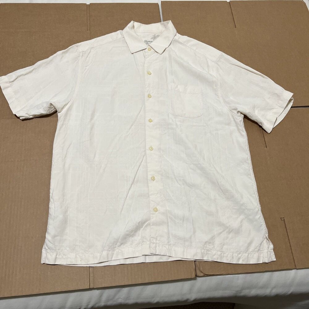 Tommy Bahama 100% Silk Button Hawaiian Shirt Cream Ivory Embroidered Plaid M